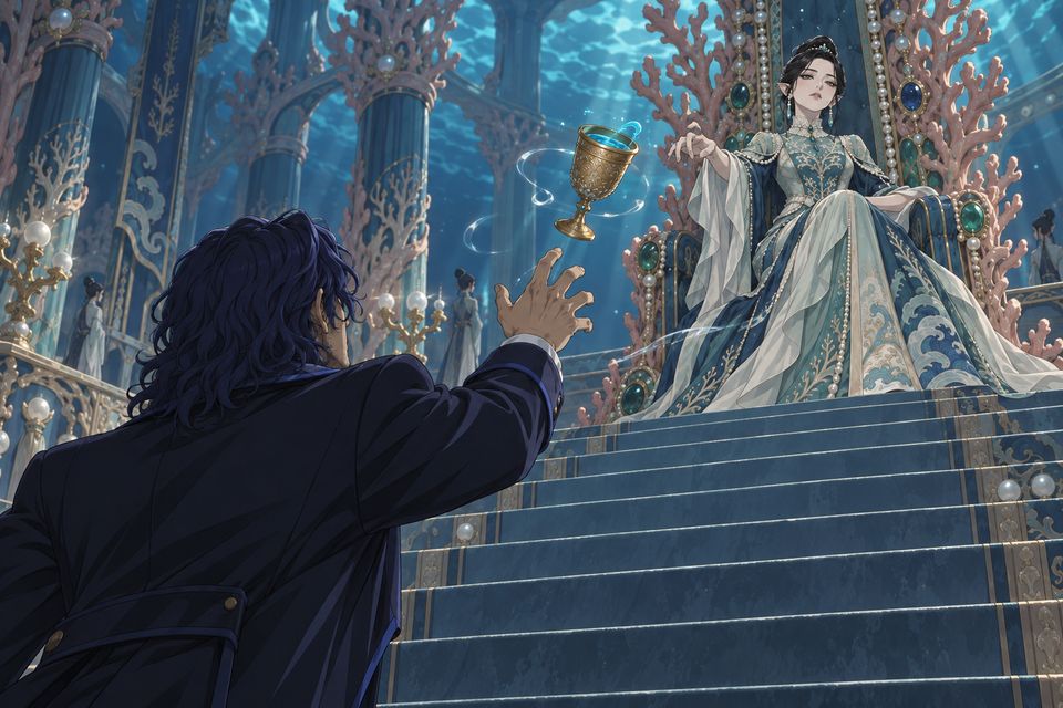 海底珊瑚宫殿里,“天灾女王”高希纳姆坐在九层台阶之上的珊瑚座椅上俯视阿尔杰,把盛着一汪蔚蓝液体的黄金酒杯扔给他·同人示意图(AI生成,非官方)