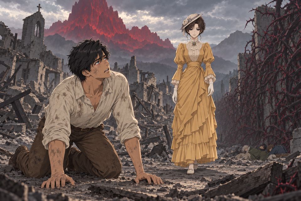 科尔杜村的废墟里,跪坐在地的卢米安仰望着那位神秘的女士一步步走近·同人示意图(AI生成,非官方)