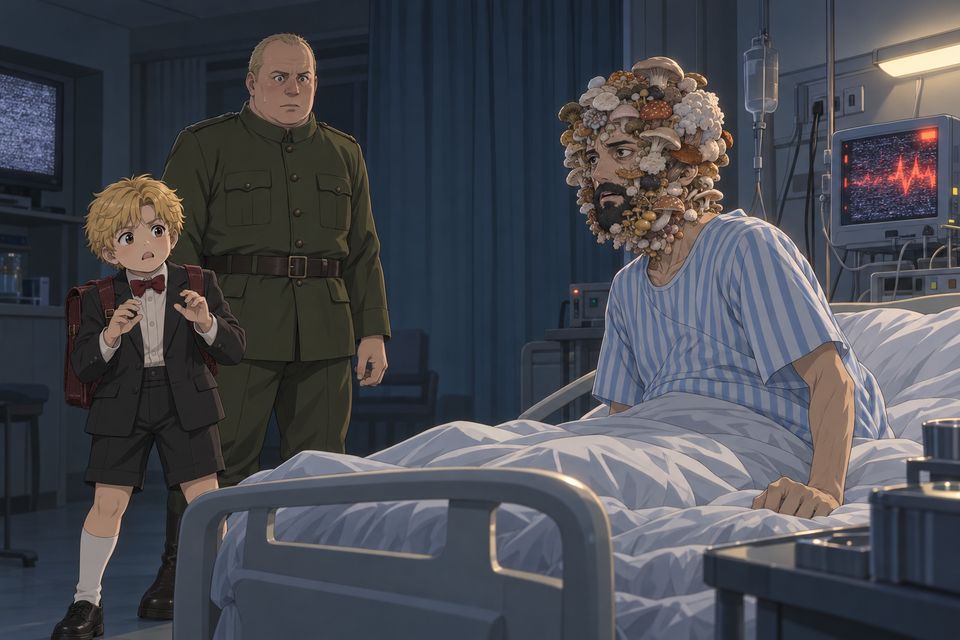 红月医院拉着窗帘的病房里,路德维希把双手按在安小天头上治疗,昏迷的安小天头部长满蘑菇,直直坐起,睁开幽黑沧桑而空洞的眼睛·同人示意图(AI生成,非官方)