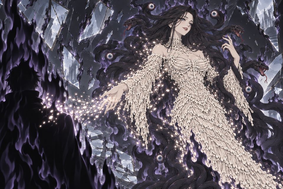 卢米安以诅咒自己左肩的奇克脸孔诅咒“原初魔女”,奇克被黑色“毁灭之火”点燃,认输并开始崩解融入他体内·同人示意图(AI生成,非官方)