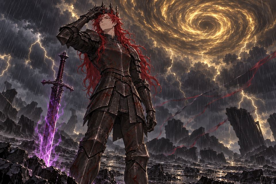征服者陨落后，梅迪奇站在荒野的暴雨中，把残破颅骨化成的染血铁冠按入眉心·同人示意图（AI生成，非官方）