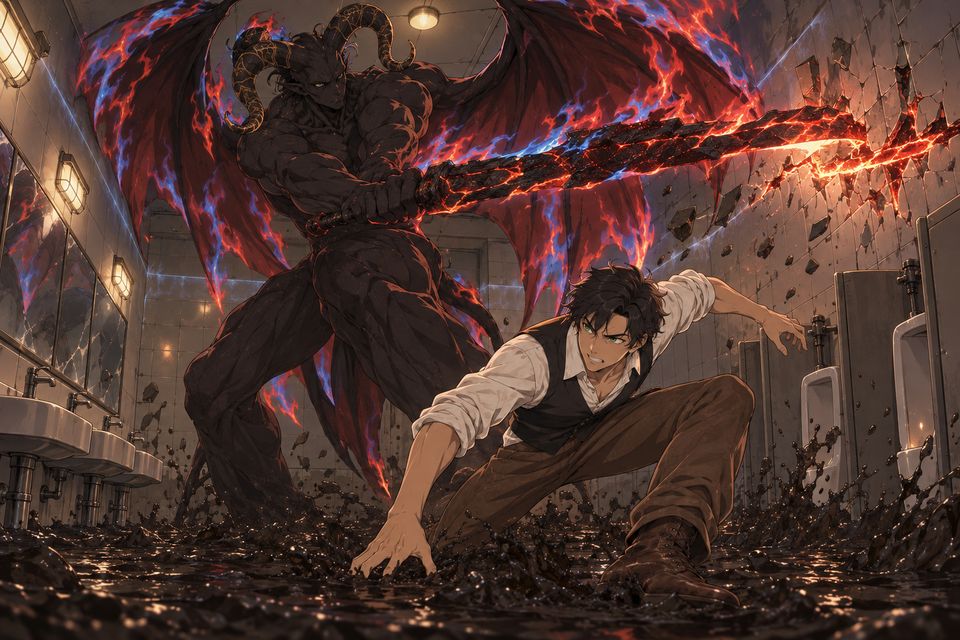 受“虚构之瓶”保护的盥洗室里,恶魔化的特瓦纳科——近三米高、弯曲山羊角、燃着赤蓝火焰的巨型蝙蝠翅膀——挥剑劈向卢米安·同人示意图(AI生成,非官方)
