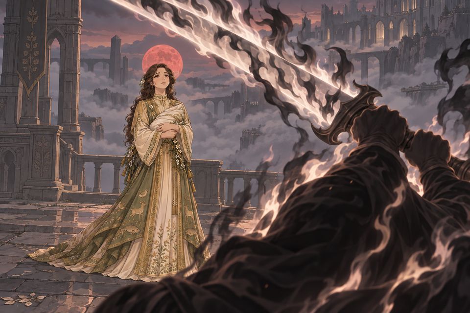 抱着无形婴儿的“大地母神”莉莉丝经由梦境来到源堡附属的神国,平静地催促卢米安动手;卢米安把无形之火与黑焰交织成毁灭之火…·同人示意图(AI生成,非官方)