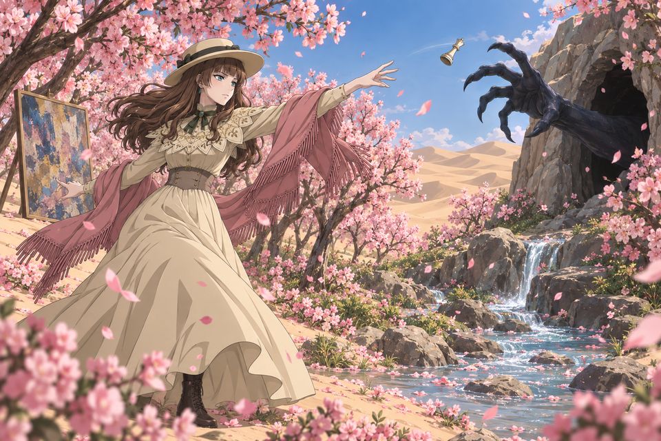 浩瀚沙漠中,佛尔思以“桃花的源头”隔开从“恶魔油画”中探出的青黑手掌,掷出罗塞尔象棋的“皇后”棋·同人示意图(AI生成,非官方)