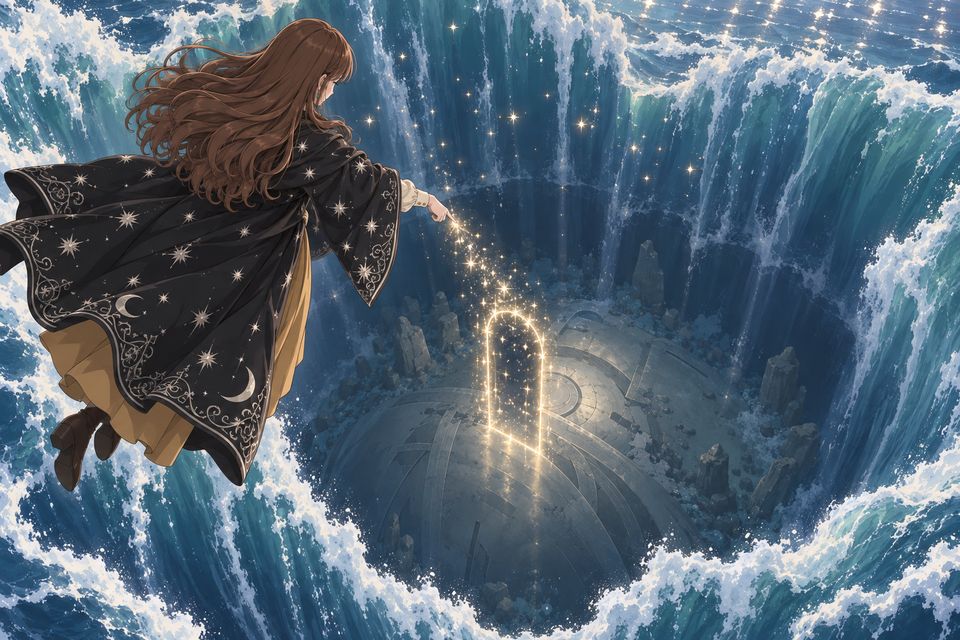 海水崩塌之际,“魔术师”女士在点点星光中现身,右手指向海底的银灰色庞然大物,星光化作虚幻大门融入其中·同人示意图(AI生成,非官方)