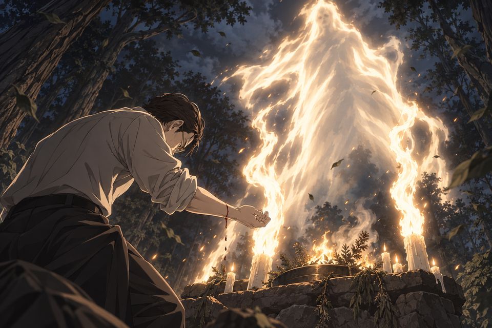 蓝山岛原始森林的祭坛上，两根烛火暴涨成炽白火柱，交织成模糊的火焰巨人——战争之神的显现；维尔杜低头献上血液立约·同人示意图（AI生成，非官方）