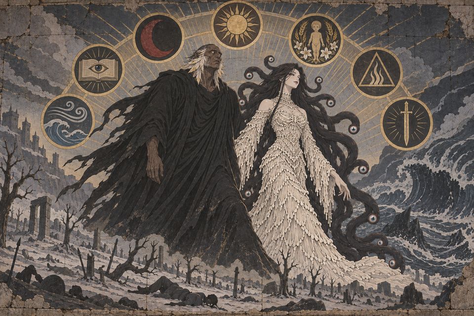 苍白之灾：发疯的死神带领原初魔女挑战七神，最终陨落于七神围攻之下（以壁画呈现）·同人示意图（AI生成，非官方）