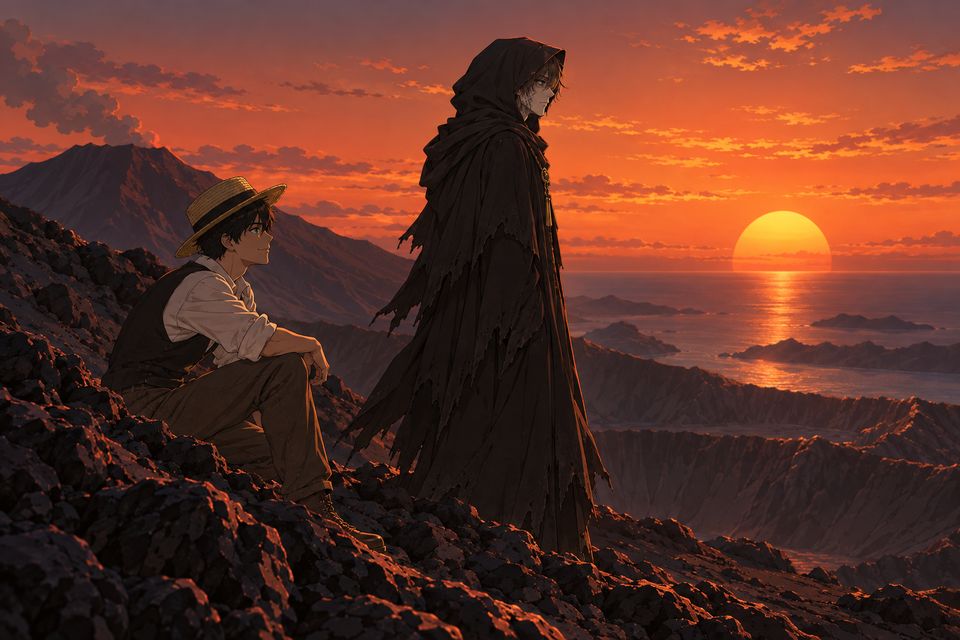 安达特纳火山口外侧的斜壁上，黑袍兜帽的布尔曼独自眺望落日——他与海伦曾约好再来看；卢米安说自己是来杀他、结束他痛苦的·同人示意图（AI生成，非官方）