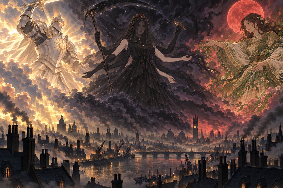 贝克兰德高空的神战:战神与大地母神联手围攻黑夜女神,三位神灵的显现在城市上空交战(据伦纳德、嘉德丽雅等所述)·同人示意图(AI生成,非官方)