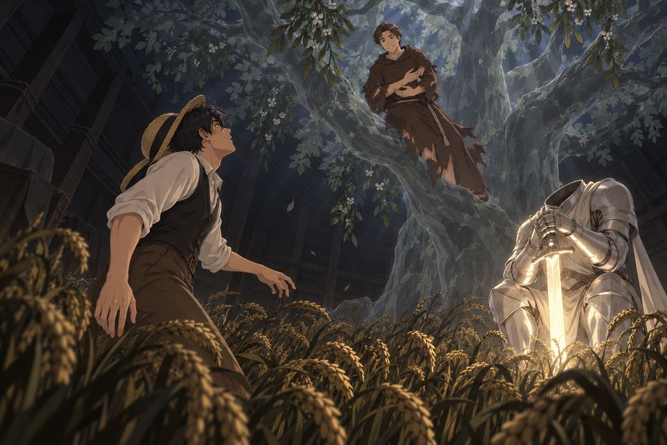 黑暗与杂草吞没晨曦，一株虚幻的橡树拔地而起，蒙塞拉特神父站在长满槲寄生的枝头，屈臂如抱无形的婴儿，对卢米安露出笑容·同人示意图（AI生成，非官方）