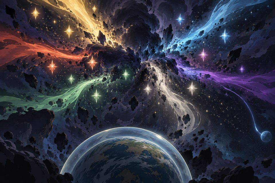 最初那位造物主醒来,旧时代毁灭,祂分裂出六种源质、十六份唯一性和十六条神之途径的非凡特性,又留下屏障保护人类的星球·同人示意图(AI生成,非官方)